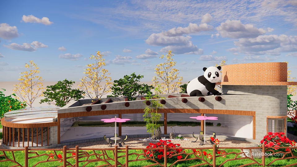 Charming Homestay Building With Panda On Roof Green Plants Red Flowers And Outdoor Seating 3d model 