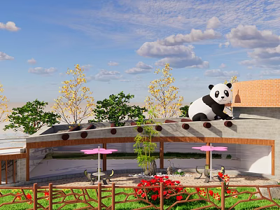 Charming Homestay Building With Panda On Roof Green Plants Red Flowers And Outdoor Seating 3d model