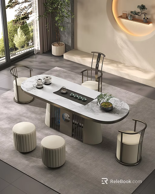 Modern Tea Table And Chairs With Marble Top Tea Set Small Plant Round Stools Interior 3d model 