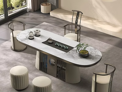 Modern Tea Table And Chairs With Marble Top Tea Set Small Plant Round Stools Interior 3d model