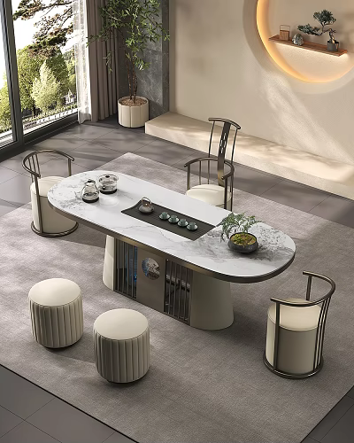 Modern Tea Table And Chairs With Marble Top Tea Set Small Plant Round Stools Interior 3d model