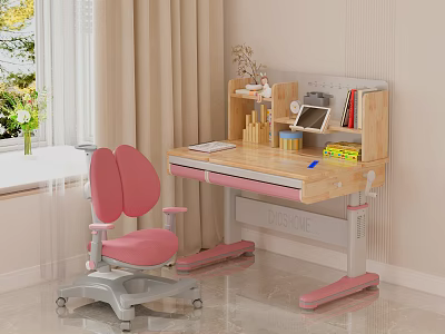 Adjustable Height Wooden Kids Desk With Bookshelf Chair And Stationery In Bright Room 3d model