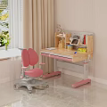 Adjustable Height Wooden Kids Desk With Bookshelf Chair And Stationery In Bright Room
