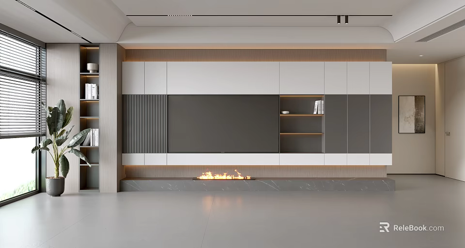 Modern Living Room Background Wall With Linear Panel Design Storage Cabinets And Fireplace 3d model