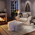 Cozy Living Room Interior with Fireplace Armchair Throw Pillows Ottoman Window Curtains and Rug