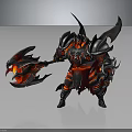 Horned Demon Warrior Creature With Black Red Spiked Armor And Giant Flame Axe