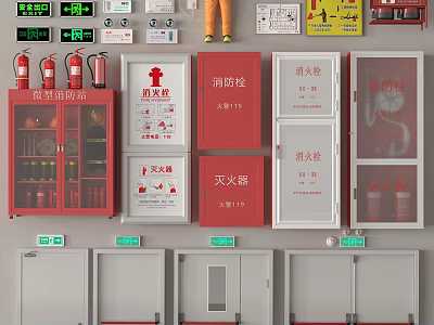 Essential Fire Safety Equipment Collection Featuring Extinguishers Hydrants Cabinets And Red White Signage 3d model