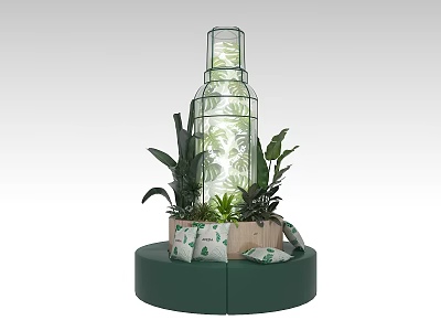 Photo Check In Spot With Green Circular Base Bottle Shaped Metal Frame And Plant Decorations 3d model