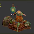 Orange Animated Game Character Holding Lantern With Polygonal Rocks On Colorful Base
