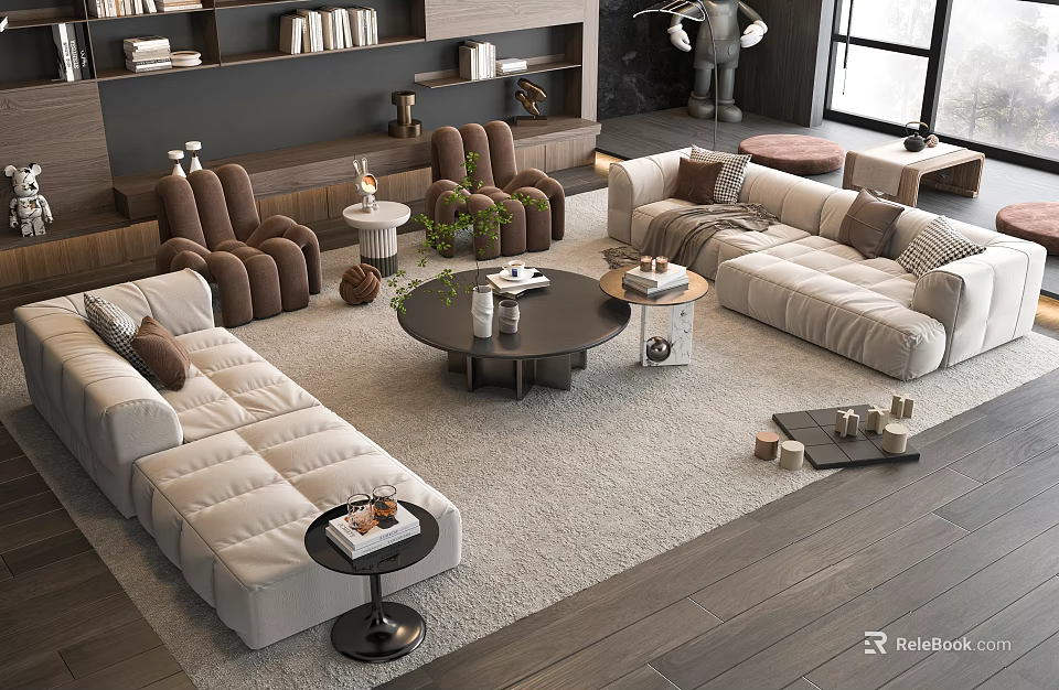 Modern Beige Tufted Sofa And Round Coffee Table Set With Living Room Rug And Decor 3d model 