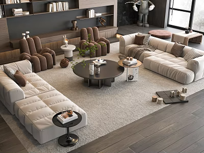 Modern Beige Tufted Sofa And Round Coffee Table Set With Living Room Rug And Decor 3d model