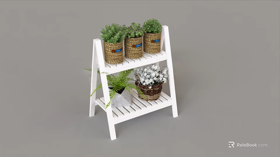 White Two Tier Ladder Shelf With Wicker Baskets Green Plants And White Flowers 3d model 
