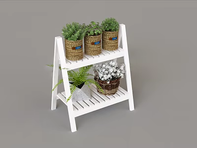 White Two Tier Ladder Shelf With Wicker Baskets Green Plants And White Flowers 3d model