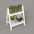 White Two Tier Ladder Shelf With Wicker Baskets Green Plants And White Flowers