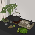 Tea Set with Black Teapot Teacups on Wooden Tray and Green Plant Apples Matcha Dessert