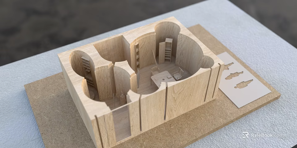 Wooden Exhibition Booth Ornaments Architectural Model With Compartments Shelves And Small Furniture 3d model 