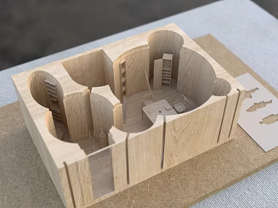 Wooden Exhibition Booth Ornaments Architectural Model With Compartments Shelves And Small Furniture 3d model