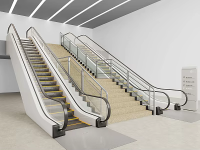 Modern Indoor Staircase And Escalator With Glass Railing Metal Handrail And Light Colored Floor 3d model