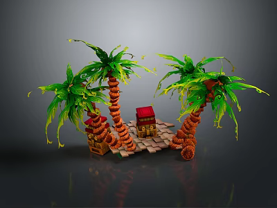 Cartoon Scene With Palm Trees Small Houses Red And Brown Roofs On Brick Platform 3d model