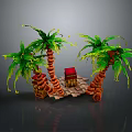 Cartoon Scene With Palm Trees Small Houses Red And Brown Roofs On Brick Platform