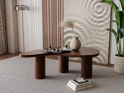 Modern Wooden Coffee Table With Vase Dried Flowers Tray Books On Rug And Green Plant 3d model