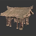 Traditional Chinese Style Pavilion Featuring Green Mossy Tiled Roof Wooden Pillars and Decorative Eaves Carvings