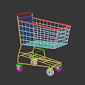 Metallic Shopping Cart With Red Handle And Four Wheels On Black Surface