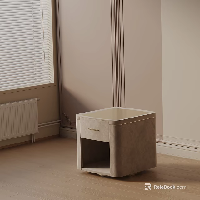 Contemporary Light Gray Nightstand with Drawer Open Shelf on Light Wooden Floor near Window Blinds 3d model 