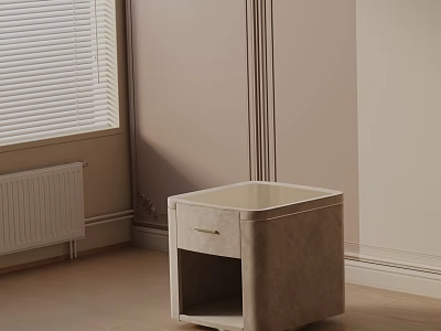 Contemporary Light Gray Nightstand with Drawer Open Shelf on Light Wooden Floor near Window Blinds 3d model