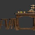 Rustic Wooden Dining Table With Four Matching Stools And Food 3d model