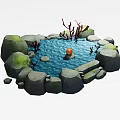 Decorative Ornament Set With Stones Water Feature Orange Ball And Red Coral Plants