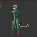 Welder Character In Blue Jacket Blue Jeans White Cap Holding Welding Helmet And Black Hose