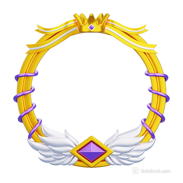 Decorative Ornament Set Golden Ring Frame Yellow Purple Wrapped Ribbon White Wings Central Purple Gem 3d model 
