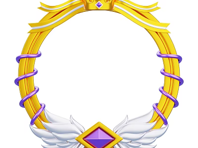Decorative Ornament Set Golden Ring Frame Yellow Purple Wrapped Ribbon White Wings Central Purple Gem 3d model