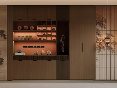 Japanese Style Restaurant Interior With Wooden Cabinets Tea Sets And Traditional Lantern Screen 3d model