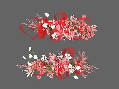 Floral Display Design With Pink White Blooms And Red Ribbon Decorations 3d model