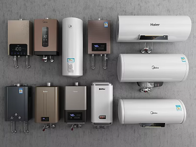 Different Types Of Essential Household Water Heaters With Various Brands And Colors 3d model