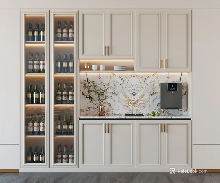 Modern Wine Cabinet In Kitchen Interior With White Cabinets Marble Countertop And LED Strip Lights 3d model 