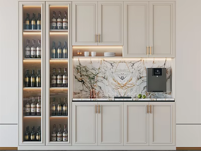 Modern Wine Cabinet In Kitchen Interior With White Cabinets Marble Countertop And LED Strip Lights 3d model