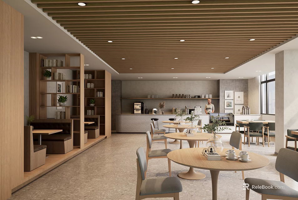 Modern Cafe Interior With Wooden Ceiling Bookshelves Round Tables And Green Plants 3d model 