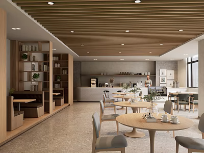 Modern Cafe Interior With Wooden Ceiling Bookshelves Round Tables And Green Plants 3d model