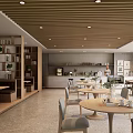 Modern Cafe Interior With Wooden Ceiling Bookshelves Round Tables And Green Plants