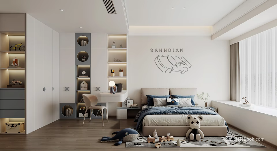 Modern Kids Room Interior With Bed Desk Storage Shelves Stuffed Toys And Wall Decor 3d model 
