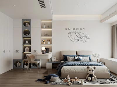 Modern Kids Room Interior With Bed Desk Storage Shelves Stuffed Toys And Wall Decor 3d model