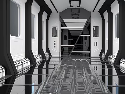 Cartoon Sci Fi Corridor Scene With Black White Color Shiny Reflective Floor And Side Windows 3d model