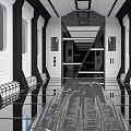 Cartoon Sci Fi Corridor Scene With Black White Color Shiny Reflective Floor And Side Windows