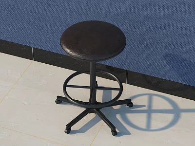 Black Leather Bar Stool With Round Seat Metal Base And Wheels On Light Tiled Floor 3d model