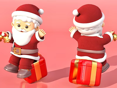 3D Santa Claus Sculpture With Red Outfit Hat Bells And Gift Box Front Back Views 3d model