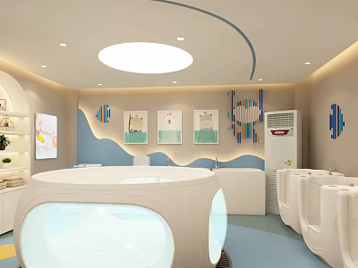 Modern Swimming Pool Interior With Circular Pool Blue Walls Decorative Paintings And Lockers 3d model