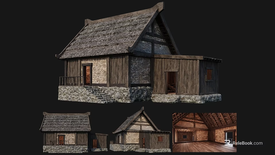 Traditional Ancient Building Design Featuring Thatched Roof Wooden Structure Stone Walls And Interior Details 3d model 